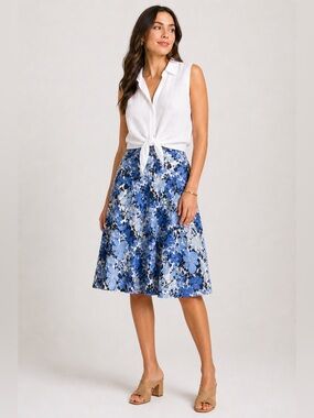Rafaella Studio Blue Floral Linen Skirt Size 6 A-Line Pleated Midi